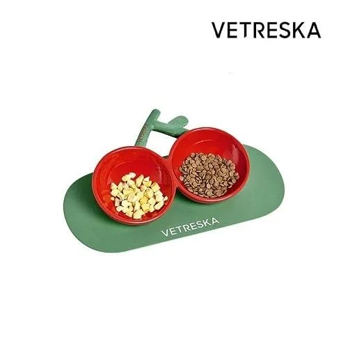 Cherry Ceramic Double Bowl (Free Dinner Mat Included)